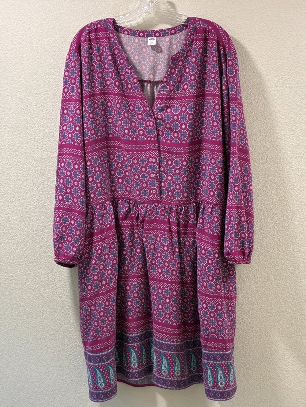 OLD NAVY Purple/Teal Boho Paisley Tiered Long Sleeve Peasant Dress Women XXL